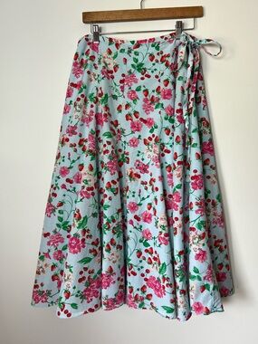 Ann Taylor Floral Strawberry Retro Print Tie-Waist Wrap Full Midi Skirt Spring